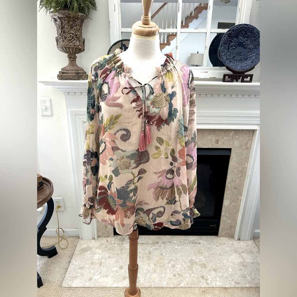 Soft Surroundings Floral Blouse with Tassel Tie